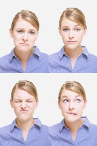4 pictures of a woman frowning
