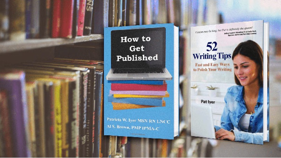 Library with How to Get Published and 52 Writing Tips brought to the forefront