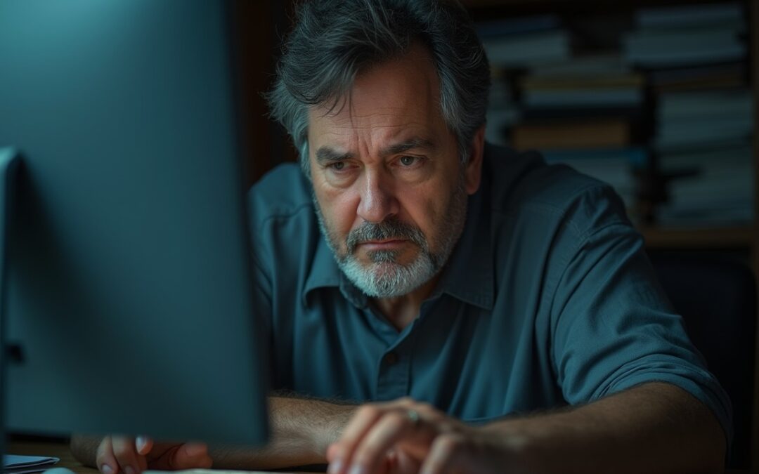 Man looking at computer - with writer's block