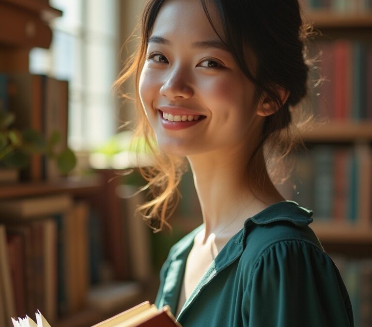 happy woman holding her book