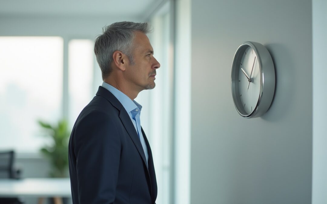 a man looking at a wall clock