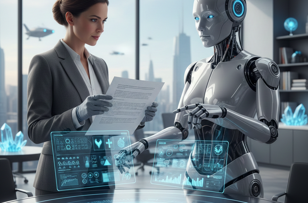 A woman talking with a robot