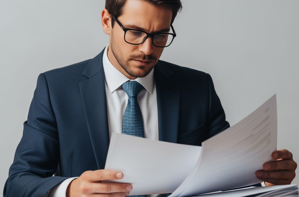 a man in a suit looking at paper