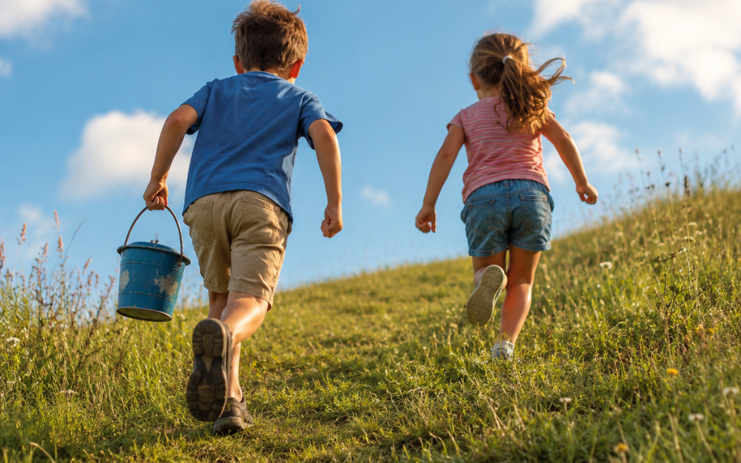 a boy and girl running up a hill