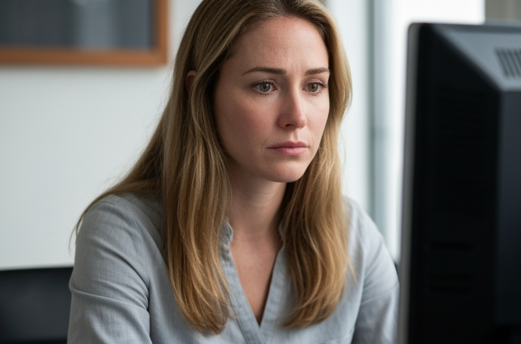sad woman in front of a computer