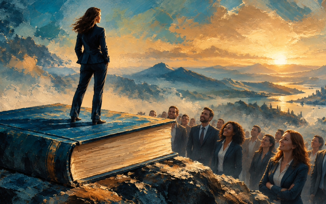 woman standing on a book